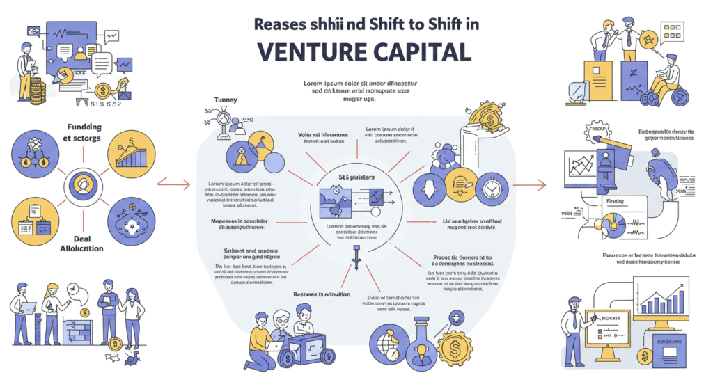 "Symbolizing the shift in venture capital, with coins transitioning into digital currency and blockchain symbols, and arrows indicating transformation in industry trends."